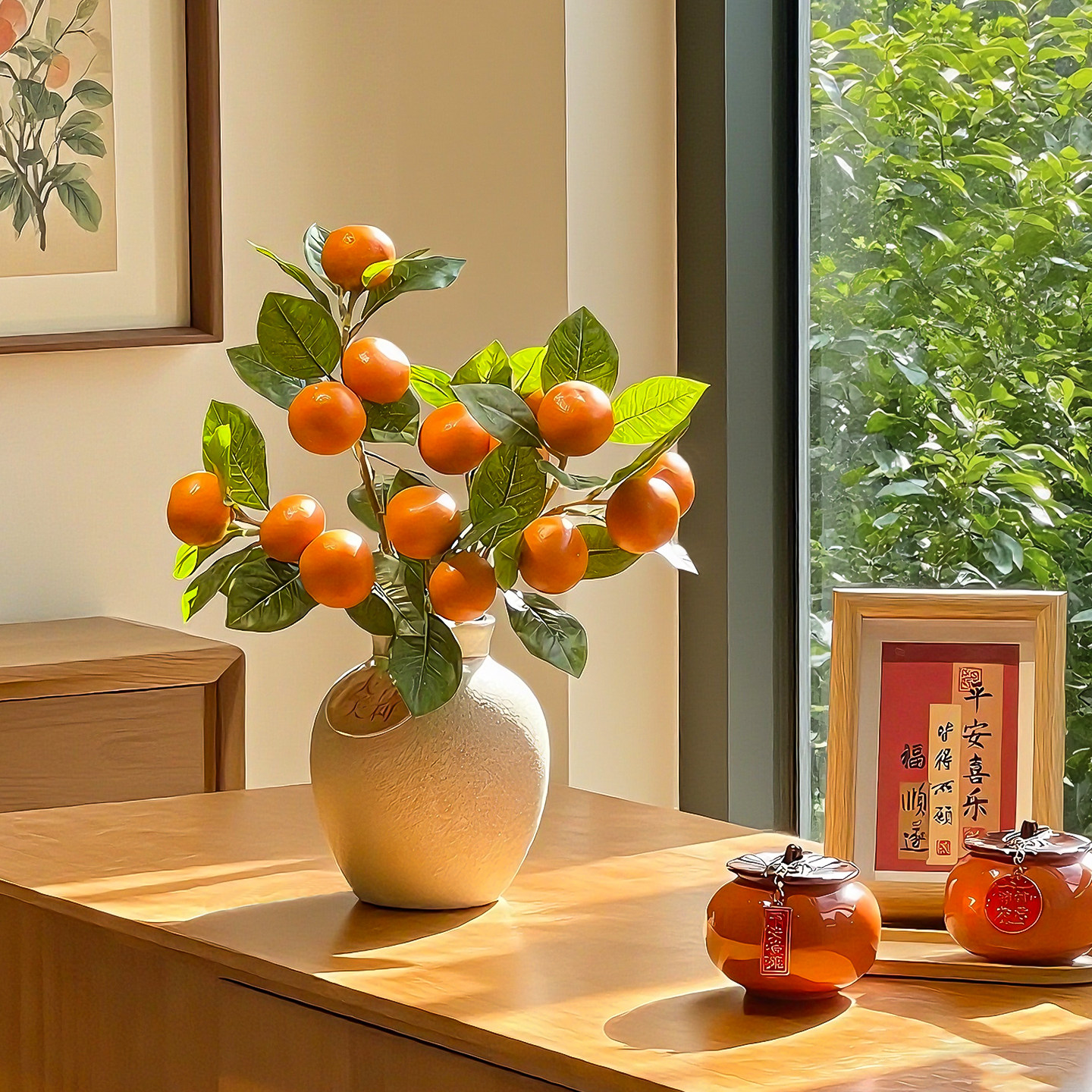 大吉大利仿真桔子树枝客厅餐桌假花新年装饰橘子发财果玄关摆件