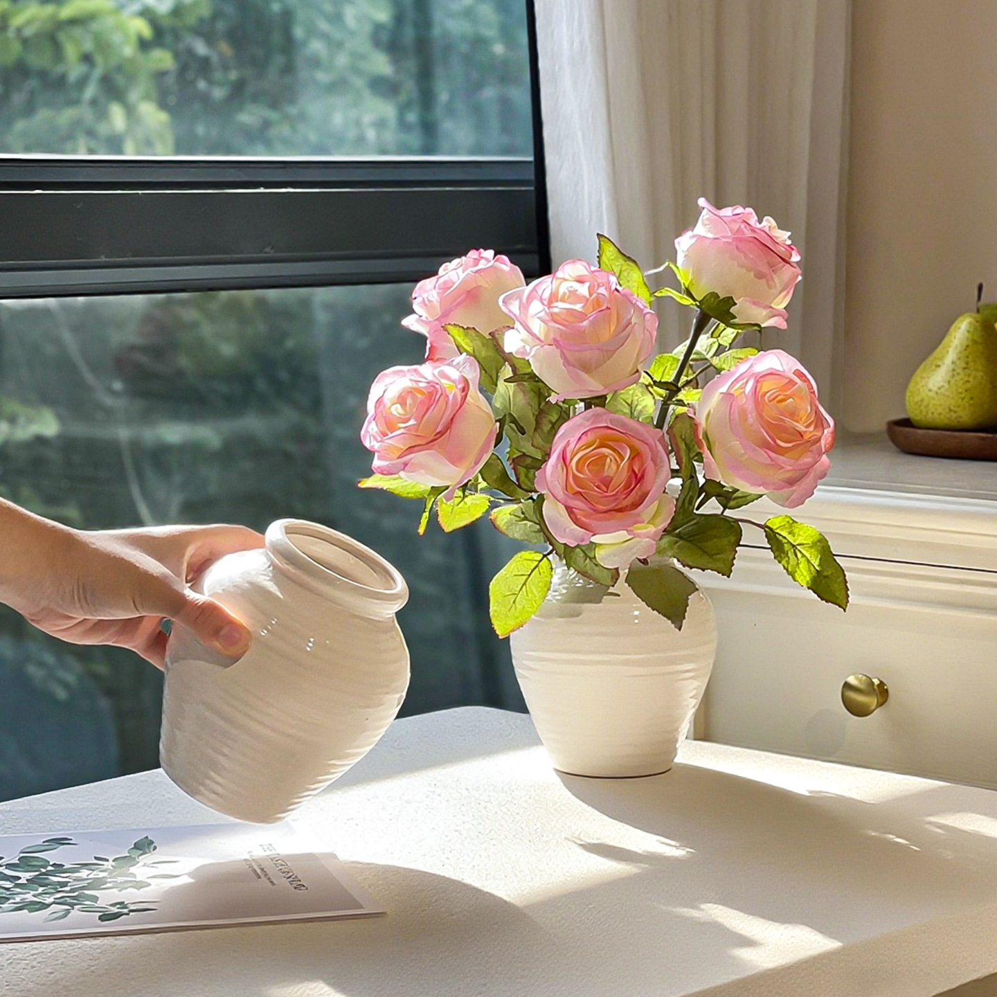 可爱粉色焦边玫瑰花仿真花假花