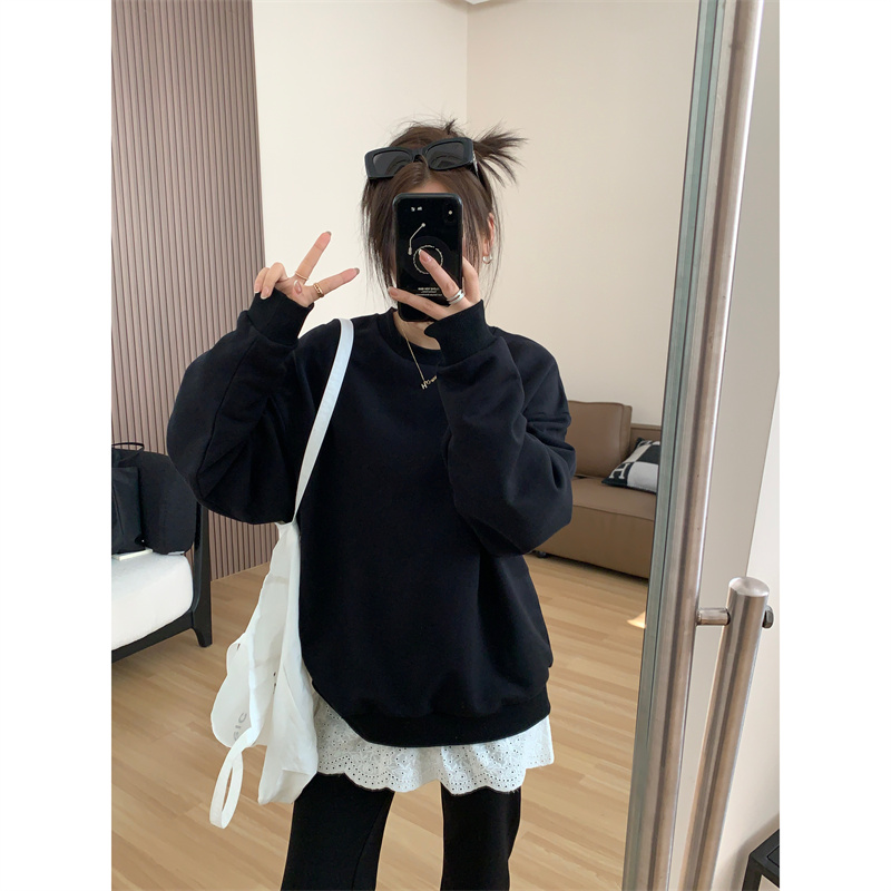 JMHH韩系大版圆领套头黑色卫衣