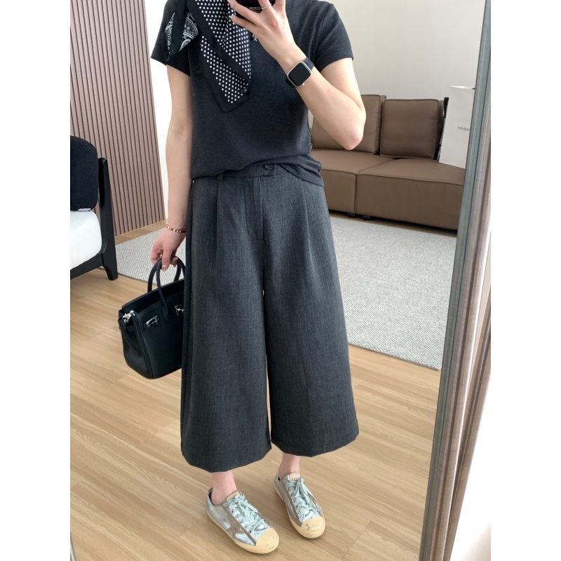 强调感灰色七分裤显瘦高腰阔腿裤