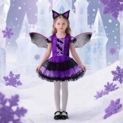 Kids Girls Purple Bat Vampire Princess Dress Fancy Cosplay C