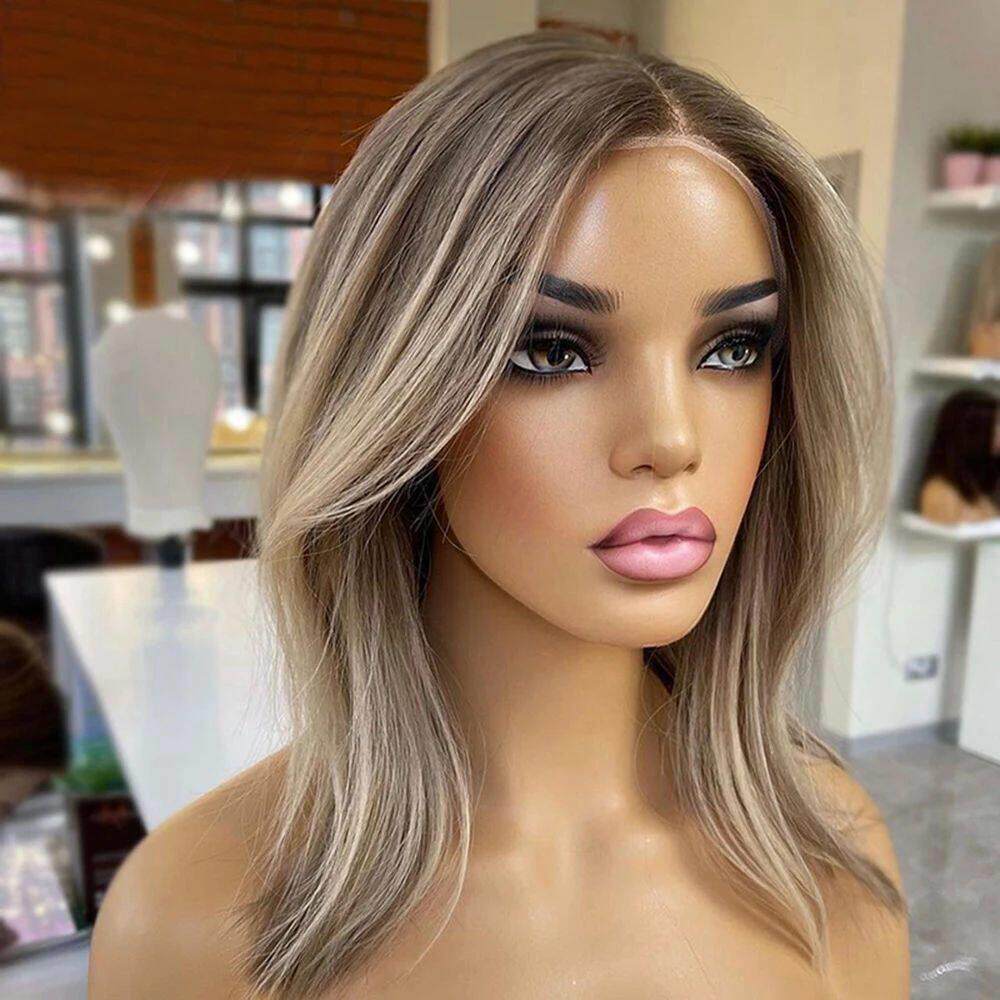 Highlight Wig Human Hair Straight Colored Brown Ombre blonde
