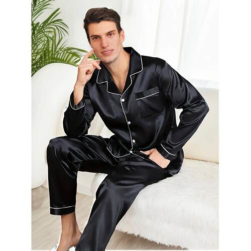 Men Pajamas Set Silk Satin Sleepwear For Man Shirt Long Slee
