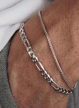 Stainless steel bracelet跨境男女不锈钢扁平链条叠戴手錬古巴链
