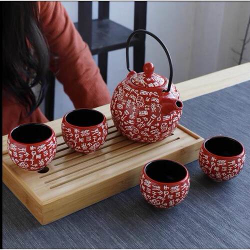 Chinese red ceramic wedding tea set suit creative wedding