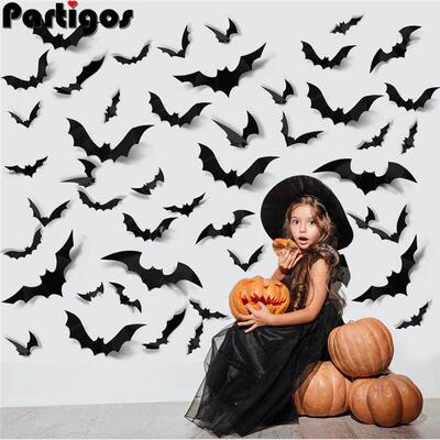 24/48pcs Halloween Decoration 3D Black PVC Bat Halloween