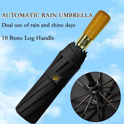 10 Bone Automatic Rain Umbrella Vintage Style Log Handle Umb