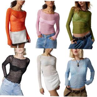 Sexy lace mesh T-shirt slim fitting outerwear top