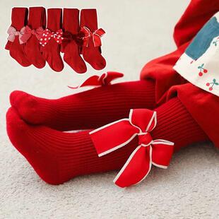 Kids Cotton Red Pantyho Soft Girls Tights Christmas Bow Baby