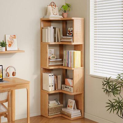 Corner bookshelf, floor to ceiling storage rack, integrated