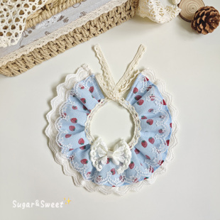 狗狗围兜蓝色可爱草莓蕾丝围脖宠物猫咪口水巾装 饰小型犬比熊博美
