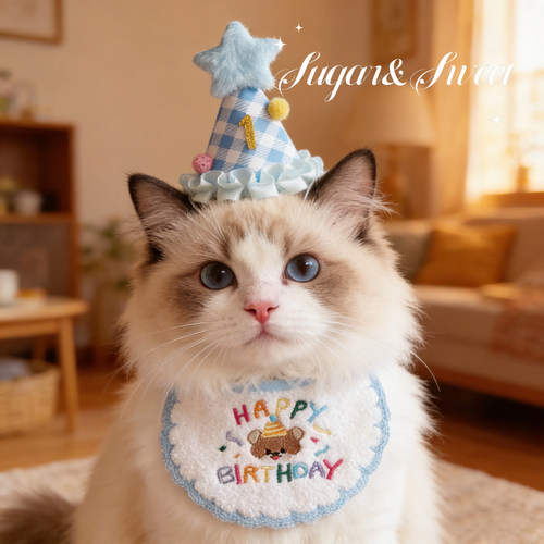 宠物猫咪生日装扮生日帽狗狗口水巾围脖围兜节日氛围布偶英短配饰