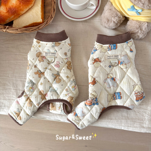 冬季猫咪衣服保暖四脚衣可爱卡通小熊图案可牵引宠物狗狗泰迪比熊