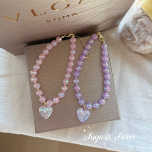 ins风猫咪项链幻彩水晶爱心串珠狗狗项圈可调节宠物配饰德文英短