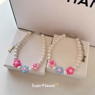 宠物项链猫咪狗狗珍珠颈链粉色花朵时尚可爱脖圈项圈比熊泰迪布偶