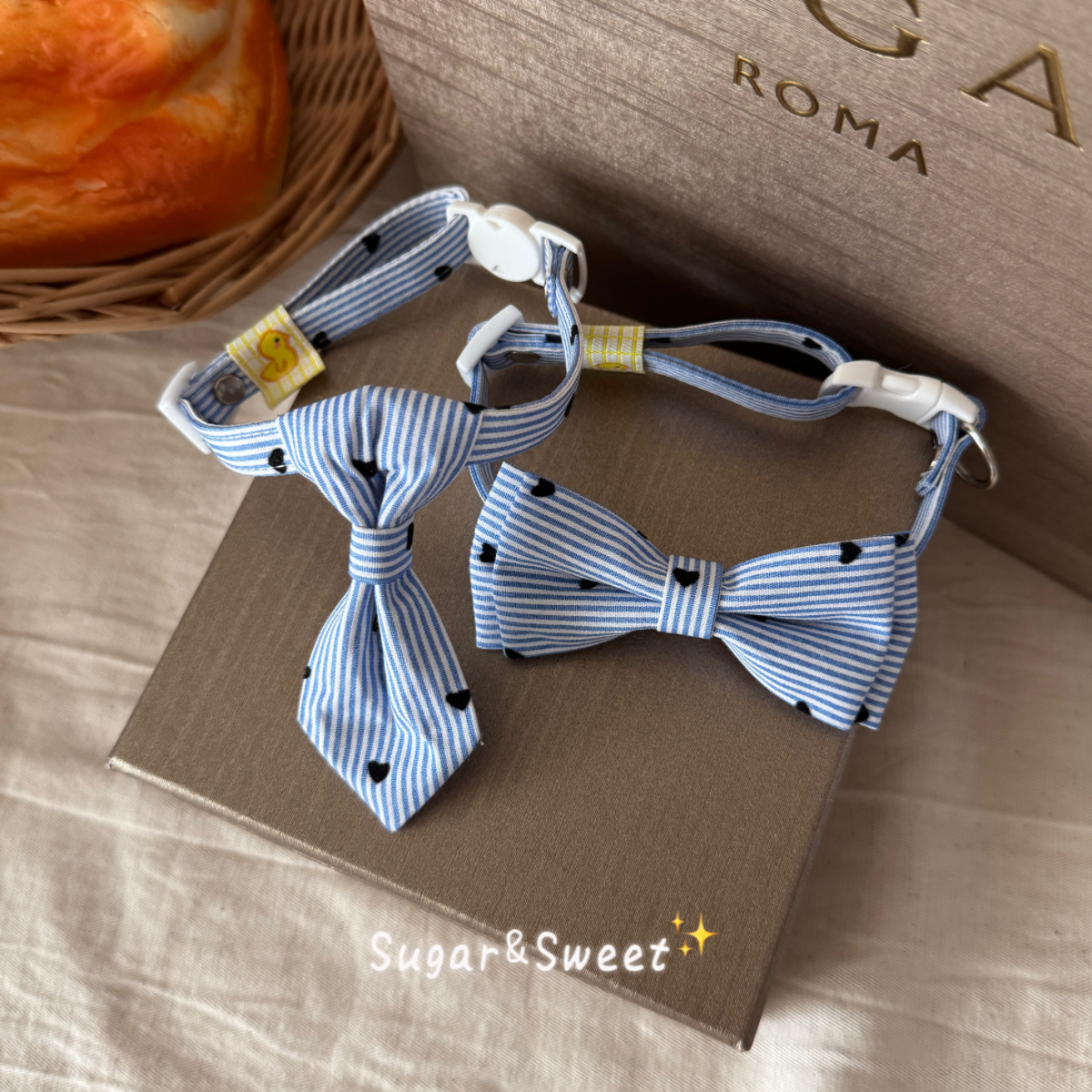 猫咪项圈气质蓝纹爱心印花狗狗领结领带可调节宠物配饰布偶小型犬