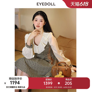 连衣裙 24春季 温柔气质少女花边V领短款 新款 EYEDOLL 商场同款