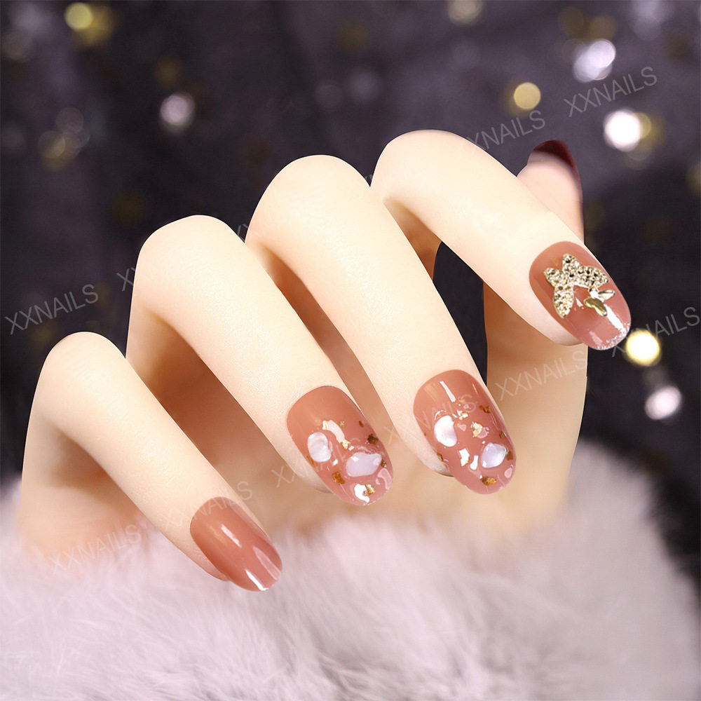 时尚藕粉色银浅粉边贝壳中长款美甲贴片穿戴甲甲片假指甲成品24片