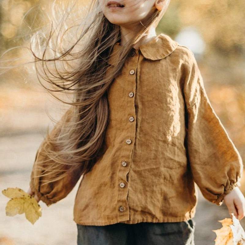 女童棉麻衬衫2022秋季新款翻领长袖北欧风灯笼袖百搭衬衣童装上衣