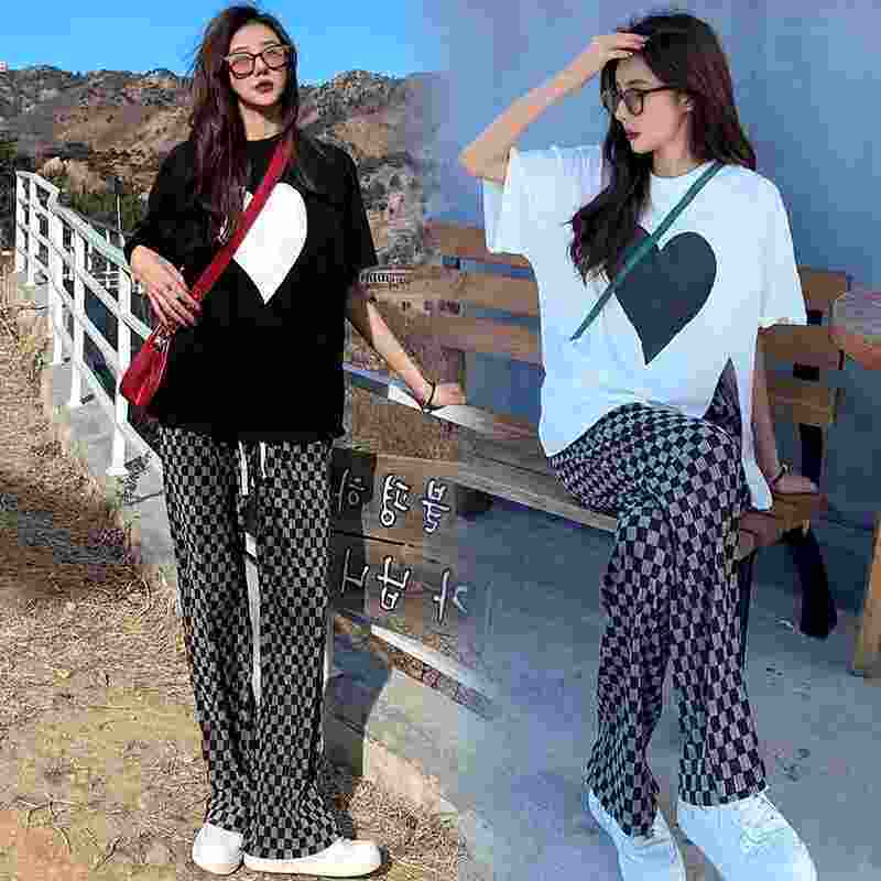 孕妇短袖2023夏套装潮妈开叉时尚宽松T恤+棋盘格托腹裤孕妇两件套
