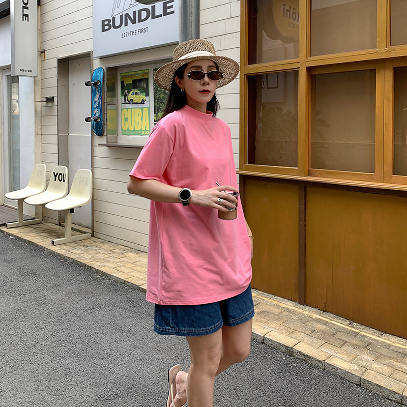 遮PP中长款粉色半高领落肩短袖纯棉女T恤女中长款宽松显瘦打底衫