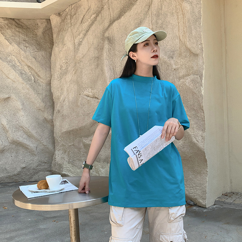 显瘦半高领t恤女中长款宽松大码小立领打底衫纯棉彩色短袖上衣