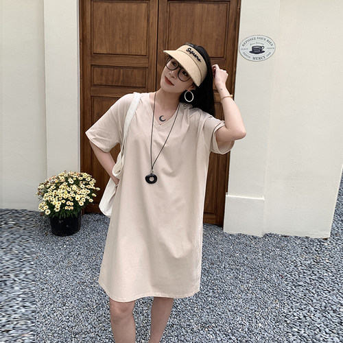 中长款v领短袖t恤女纯棉中长款