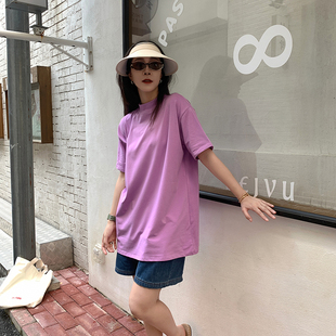 半高领短袖t恤女春夏中长款宽松显瘦洋气小立领彩色ins上衣打底衫