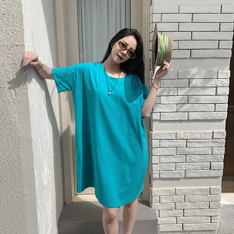 彩色短袖t恤女大圆领夏长款