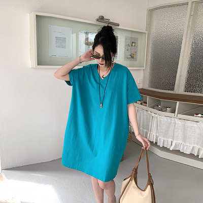 孔雀蓝长款v领短袖T恤女夏遮臀
