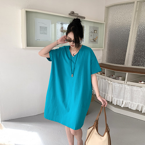 孔雀蓝长款v领短袖T恤女夏遮臀
