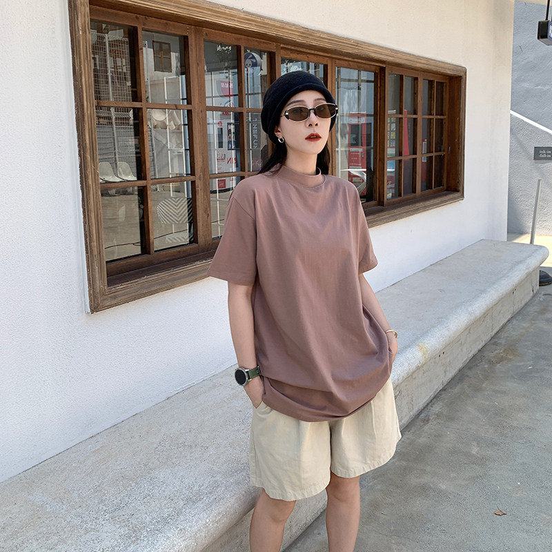 半高领纯棉t恤女短袖彩色中长款显瘦遮臀外穿宽松大码立领打底衫