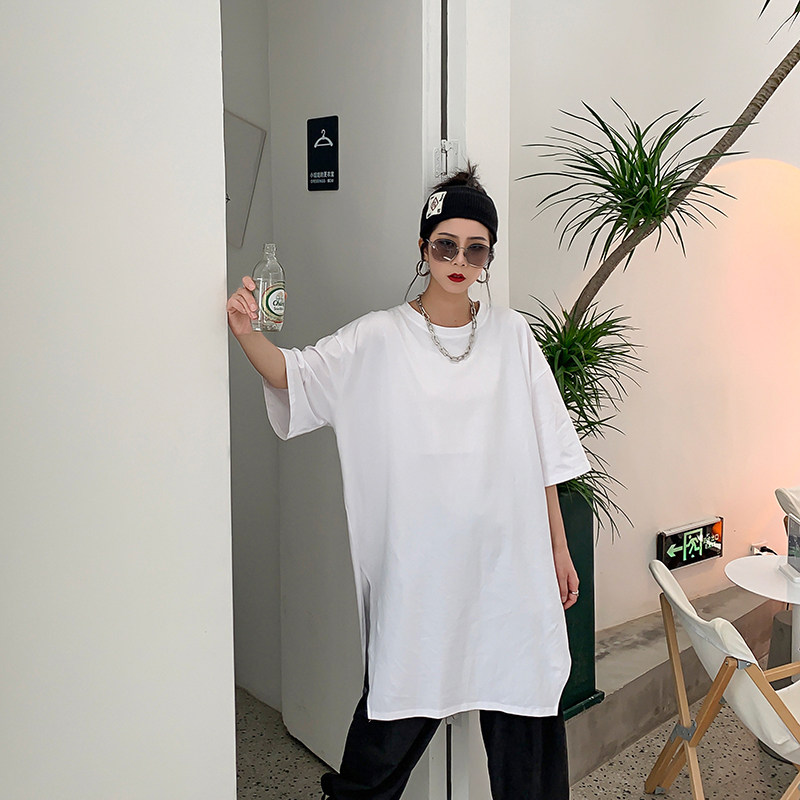 2026夏季款韩版宽松下摆开叉t恤女纯棉简约百搭中长款大码打底衫