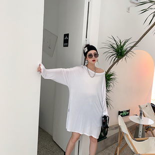 莫代尔防晒t恤女长袖大码宽松亲肤垂感薄款慵懒风中长款胖mm打底