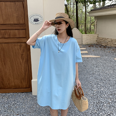 天蓝色大圆领短袖T恤女夏纯棉