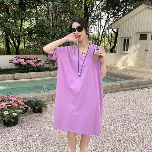 长款v领短袖T恤女春夏遮臀大码