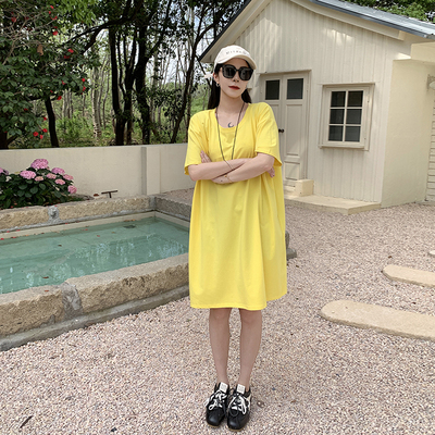 黄色长款慵懒风大圆领短袖t恤女
