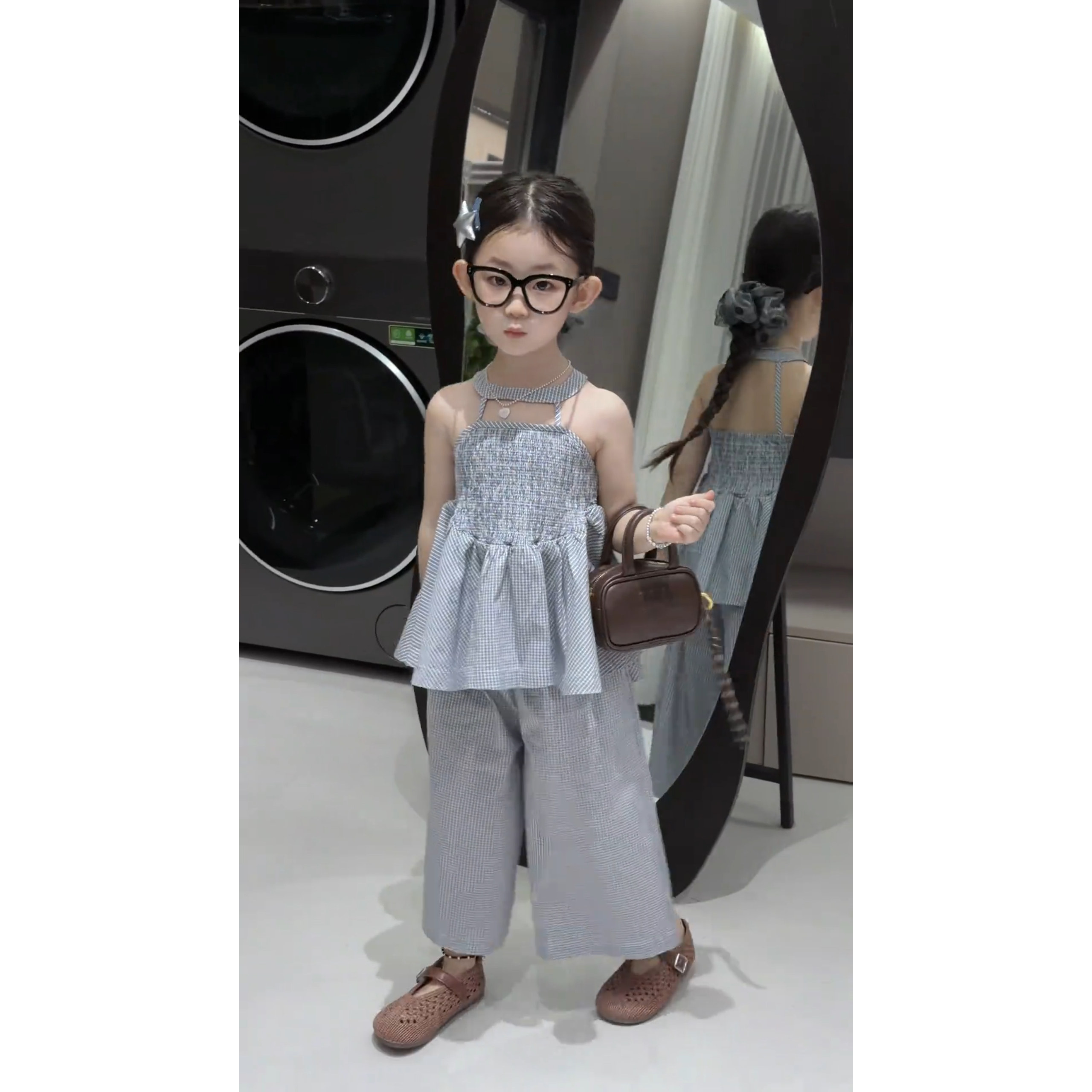 女童夏季格子吊带九分裤两件套