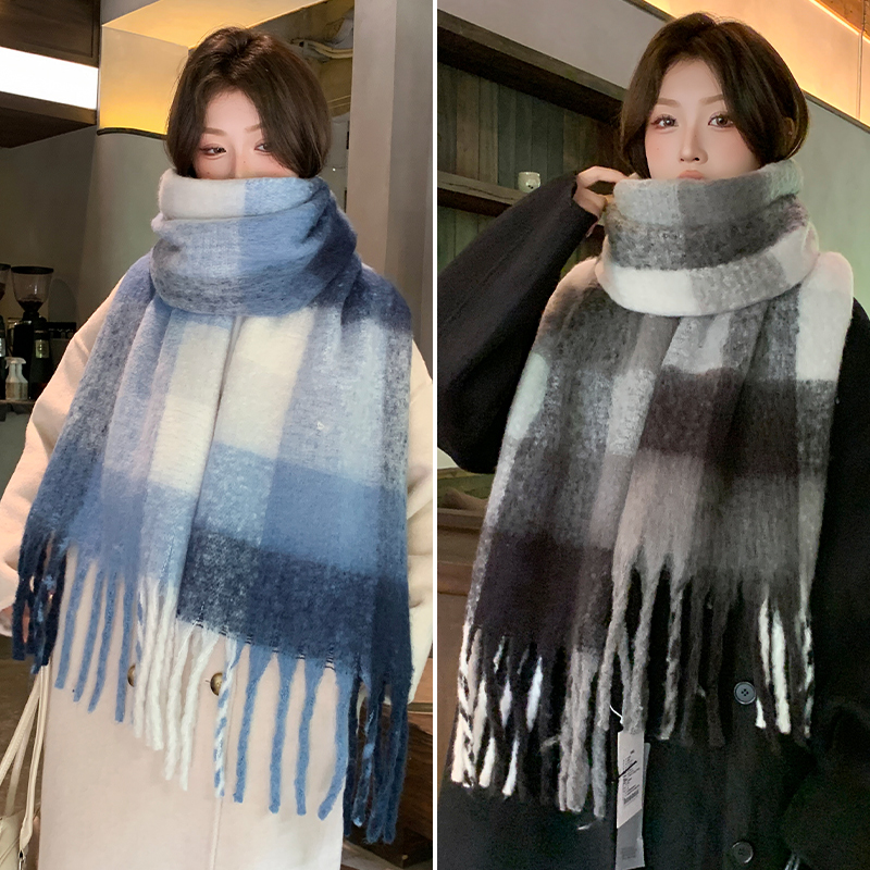 马海毛格子围巾女士保暖围脖加厚