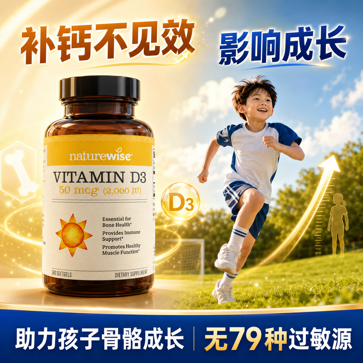 Naturewise阳光瓶儿童维生素d3青少年1000iu补钙vd维d滴剂3岁以上