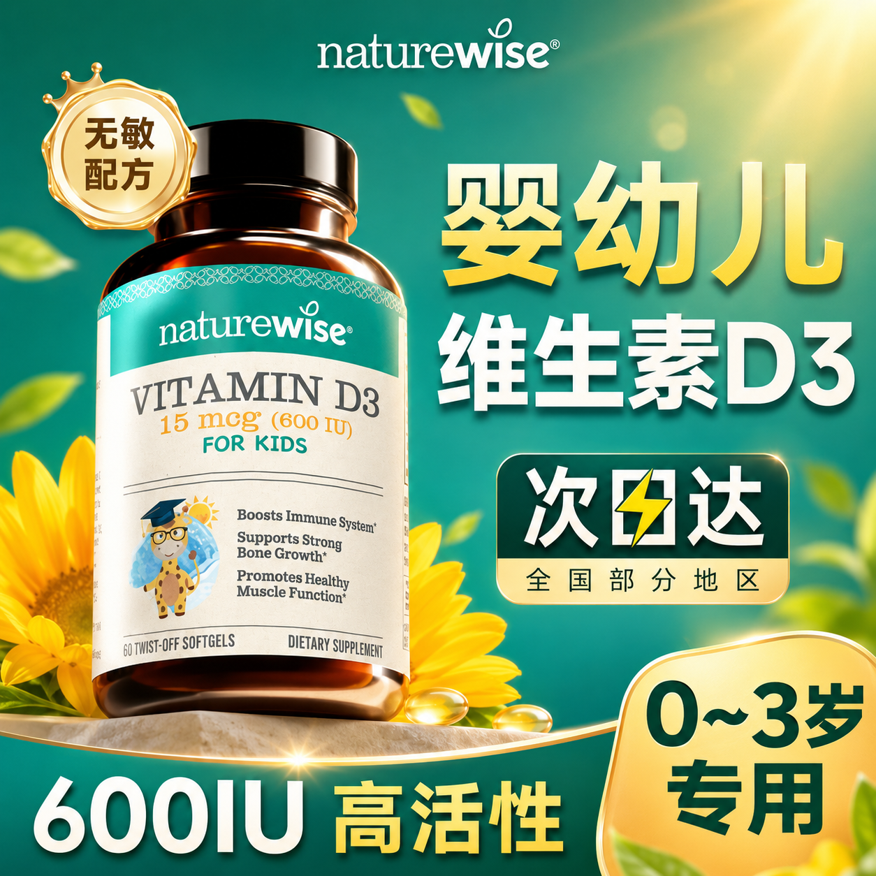 naturewise婴幼儿维生素D3阳光蓝d3宝宝600iu新生儿童vd3滴剂补钙