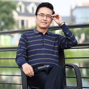 中老年男士T恤春秋条纹长袖薄款翻领爸爸装上衣宽松秋衣打底休闲