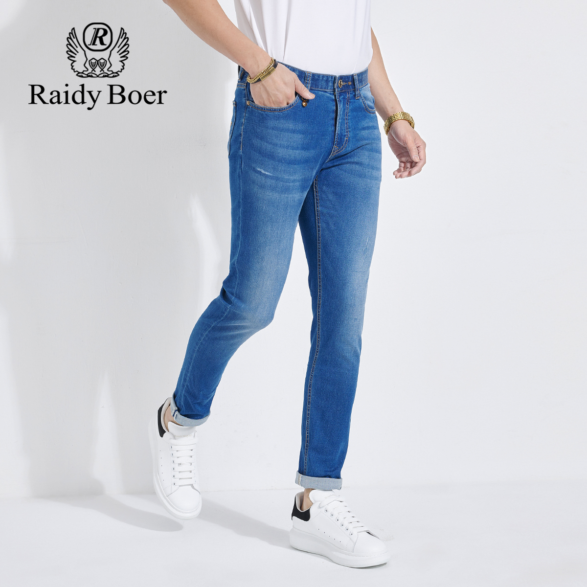 雷迪波尔男装牛仔裤春夏新款修身小直筒微弹水洗休闲薄款长裤