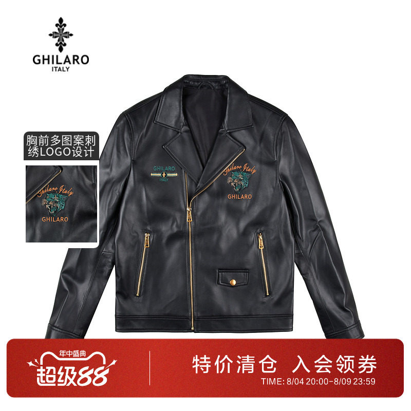 古劳男装刺绣图案绵羊皮真皮皮衣