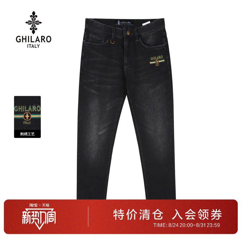 古劳吉那诺修身直筒黑色牛仔裤男图片