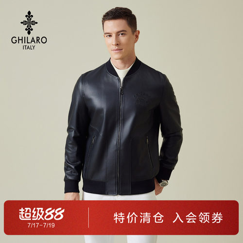 吉那诺男装棒球领绵羊皮真皮皮衣