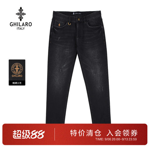古劳吉那诺刺绣微弹黑色牛仔裤男
