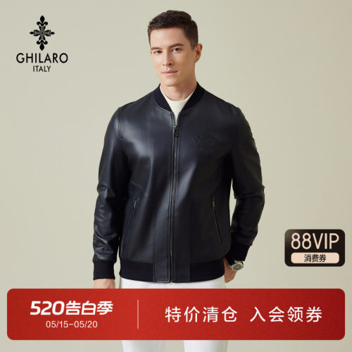 吉那诺男装棒球领绵羊皮真皮皮衣