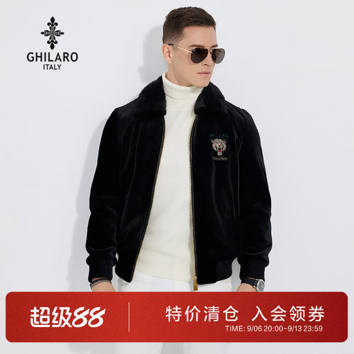 古劳男装水貂毛领金丝绒夹克外套