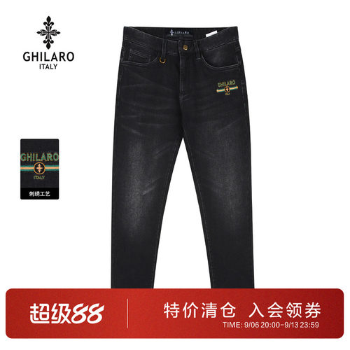 古劳吉那诺修身直筒黑色牛仔裤男